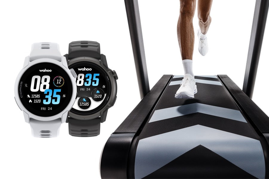 Man running on a smart treadmill from Wahoo with two gps running watches to the left in image