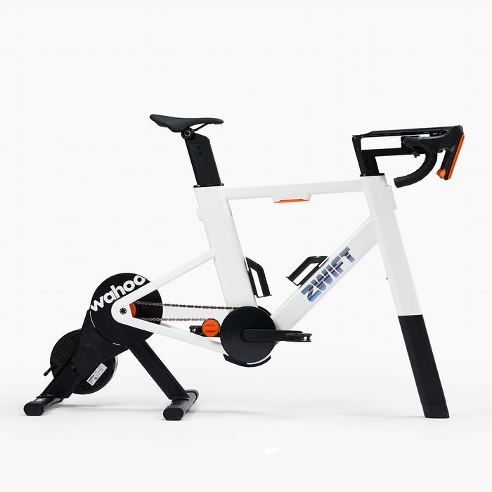 White Zwift Ride indoor bike with trainer KICKR Core 2 from Wahoo. The Bike has black components on a white background
