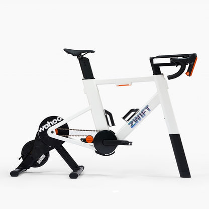 White Zwift Ride indoor bike with trainer KICKR Core 2 from Wahoo. The Bike has black components on a white background
