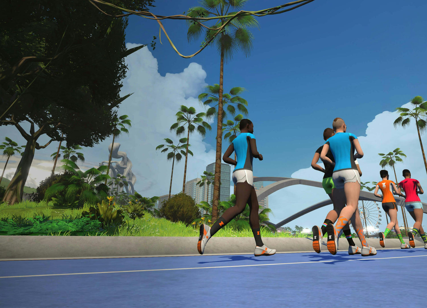 Runners in Zwift on a track with palm trees and a cityscape in the background. Zwift treadmill